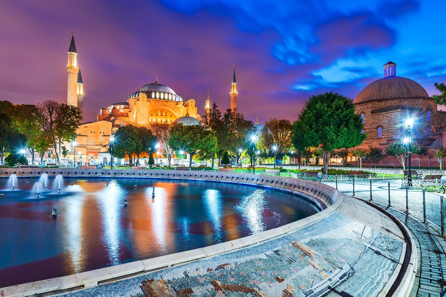Istanbul, Turkey. Famous Hagia Sophia mosque and minarets historical Constantinople, Sultanahmet downtown, scenic travel place.